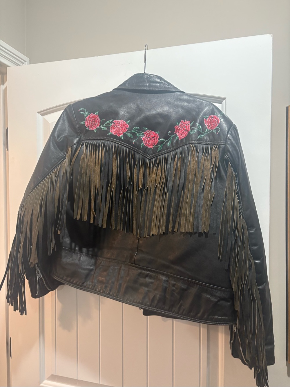 Vintage Black Leather Fringe Jacket with Rose Embroidery